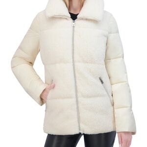 NWT Tahari Women's XL Cream Mixed-Media Stand-Collar Puffer Coat